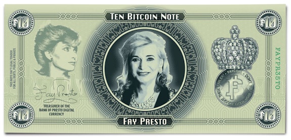 Fay Presto, <em>Ten Bitcoin Note</em> (2022), featuring the magician's trademark bottle-through-table trick. Design Janine Gove. Courtesy Fay Presto  and The Magic Circle Museum Collections.