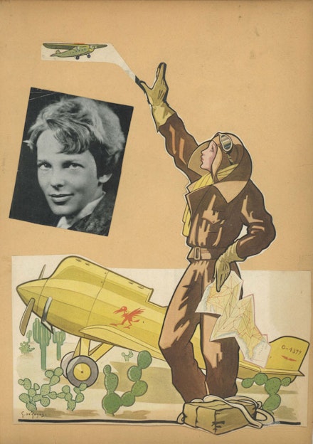 <p>Amelia Earhart, American aviation pioneer and author.<br>Born: July 24, 1897, Atchison, Kansas.<br>Last Seen: July 2, 1937, in Lae, New Guinea (now Papua New Guinea).<br>Cause of Disappearance: unknown (plane crash / lost at sea)<br>Found object/mixed media collage, 1934; artist unknown, family album.</br></p>