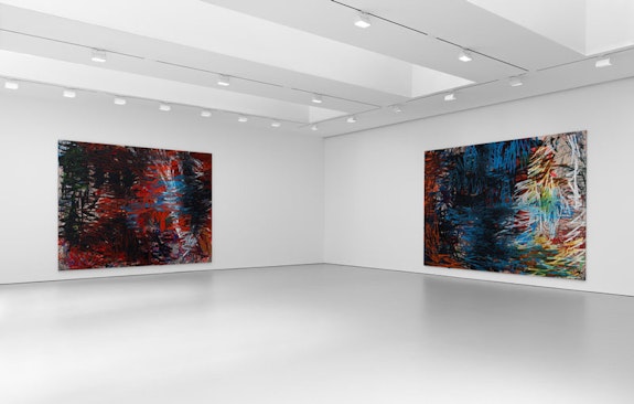 Installation view, <em>Oscar Murillo: Ourself behind ourself concealed</em>, David Zwirner, New York, April 28-June 4, 2022. Courtesy David Zwirner.