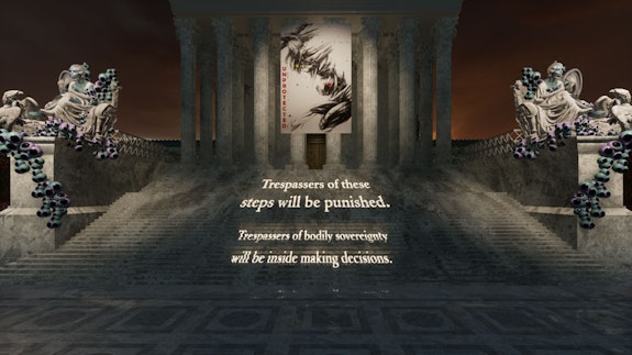 Artworks featured in image: Ania Catherine and Dejha Ti (Operator);<em> Still contemplating justice</em>, 2022; Site-specific text based installation. Nancy Baker Cahill; <em>Unprotected</em>, 2017; Digitized graphite drawing. Vitória Cribb; <em>SCATUES</em>, 2022; 3D Sculptures. Image courtesy of the Artists and EPOCH.