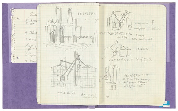 Bernd and Hilla Becher, <em>Folder with notes on travel in the United States, </em>1987. Graphite and ink on paper, 11 3/8 x 9 5/8 inches. Estate Bernd & Hilla Becher, represented by Max Becher, courtesy Die Photographische Sammlung/SK Stiftung Kultur—Bernd & Hilla Becher Archive, Cologne. © Estate Bernd & Hilla Becher, represented by Max Becher.
