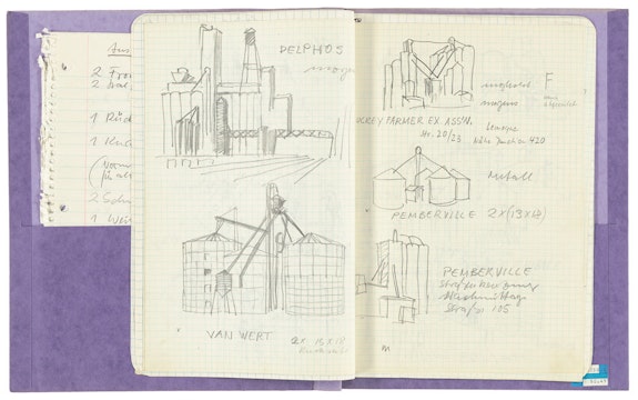 Bernd and Hilla Becher, <em>Folder with notes on travel in the United States, </em>1987. Graphite and ink on paper, 11 3/8 x 9 5/8 inches. Estate Bernd & Hilla Becher, represented by Max Becher, courtesy Die Photographische Sammlung/SK Stiftung KulturBernd & Hilla Becher Archive, Cologne. © Estate Bernd & Hilla Becher, represented by Max Becher.