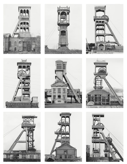 Bernd and Hilla Becher,<em> Winding Towers, </em>1967–88. Gelatin silver prints, each 15 15/16 × 12 3/8 inches. The Doris and Donald Fisher Collection at the San Francisco Museum of Modern Art. © Estate Bernd & Hilla Becher, represented by Max Becher.