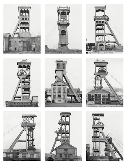 Bernd and Hilla Becher,<em> Winding Towers, </em>196788. Gelatin silver prints, each 15 15/16 × 12 3/8 inches. The Doris and Donald Fisher Collection at the San Francisco Museum of Modern Art. © Estate Bernd & Hilla Becher, represented by Max Becher.
