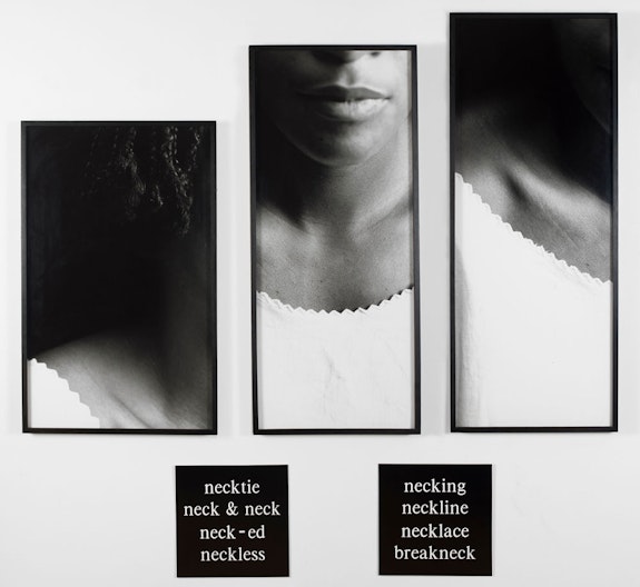 Lorna Simpson, <em>Necklines, </em>1989. 3 silver gelatin prints, 2 engraved plastic plaques, ed. of 3 + 1 AP, overall: 69 3/8 x 67 5/8 x 1 5/8 inches. © Lorna Simpson. Courtesy the artist and Hauser & Wirth. The Studio Museum in Harlem, Gift of Emily and Jerry Spiegel, New York 2003.2.5a—e. Photo: Adam Reich.