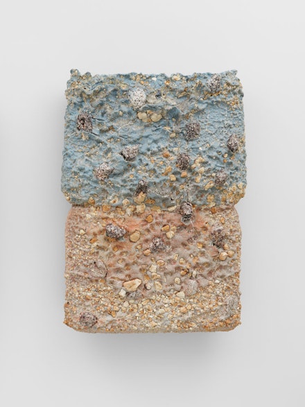 Masaomi Yasunaga, <em>Vessel fused with stone 1</em>, 2022. Glaze, colored slip, granite, kaolin, silver leaf, 52 3/8 x 36 5/8 x 12 5/8 inches. © Masaomi Yasunaga. Courtesy Lisson Gallery.