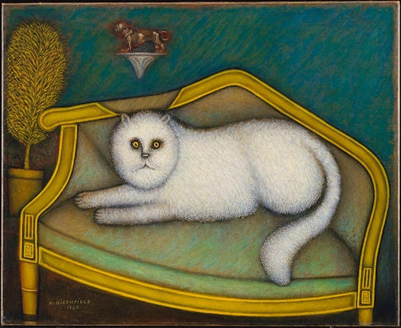 Morris Hirshfield, <em>Angora Cat</em>, 1937–1939. Oil on board on canvas, 22 1/8 x 27 1/4 inches. The Museum of Modern Art, New York, The Sidney and Harriet Janis Collection, 1967, 607.1967. © 2022 Robert and Gail Rentzer for Estate of Morris Hirshfield / Licensed by VAGA at Artists Rights Society (ARS), NY.
