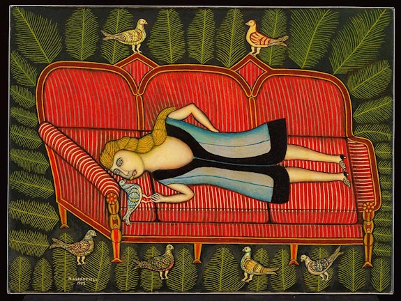 Morris Hirshfield, <em>Girl with Pigeons,</em> 1942. Oil on canvas, 30 x 40 1/8 inches. The Museum of Modern Art, New York, The Sidney and Harriet Janis Collection, 1969, 610.1967. © 2022 Robert and Gail Rentzer for Estate of Morris Hirshfield / Licensed by VAGA at Artists Rights Society (ARS), NY.
