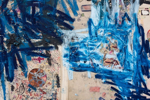 Oscar Murillo, <em>disrupted frequencies (Colombia, Brazil,Turkey, China)</em>, 2013-2019 (detail). Ballpoint pen, fountain pen, graphite, felt tippen, highlighter pen, permanent marker, paint, crayon, staples, natural pigments, debris, oil, oil stick and other mixed media on canvas, 75 x 87 inches. Courtesy the artist and Aspen Art Museum. Photo: Tony Prikryl. 