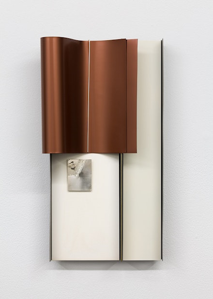K.R.M. Mooney, <em>Housing (c.) ii</em>, 2022. Steel, electroplated steel, silver, brass, neodymium, copper coated polyethylene, paint, polymer resin, iron oxide, 14 x 7 x 3 1/2 inches. Courtesy Miguel Abreu.
