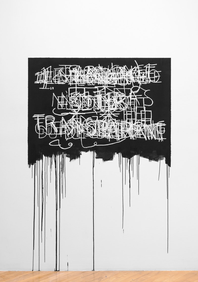Mel Bochner, <em>Language Is Not Transparent (Babel) </em>, 2019/2022. Oil pastel and acrylic on wall. 72 1/2 x 48 inches. Courtesy Peter Freeman, Inc.