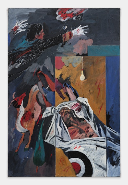 Nicky Nodjoumi, <em>Untitled (Hope and Anarchy 1), </em>1981. Oil on canvas, 24 × 36 inches. Courtesy the artist and Helena Anrather, New York.