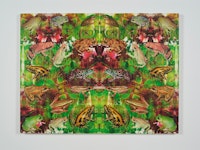 Philip Taaffe, <em>Panel with Larger Frogs</em>, 2022. Mixed media on panel, 30 7/8 x 41 5/8 inches. © Philip Taaffe; Courtesy of the artist and Luhring Augustine, New York. Photo: Farzad Owrang.