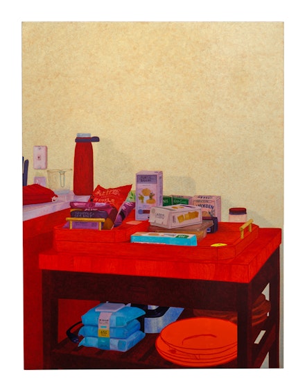 Arcmanoro Niles,<em> I Don't Keep Liquor Here (I've Been Learning How To Do It All The Hard Way)</em>, 2022. Oil, acrylic, glitter on canvas, 60 x 45 x 1.75 inches. Courtesy the artist and Lehmann Maupin, New York, Hong Kong, Seoul, and London.