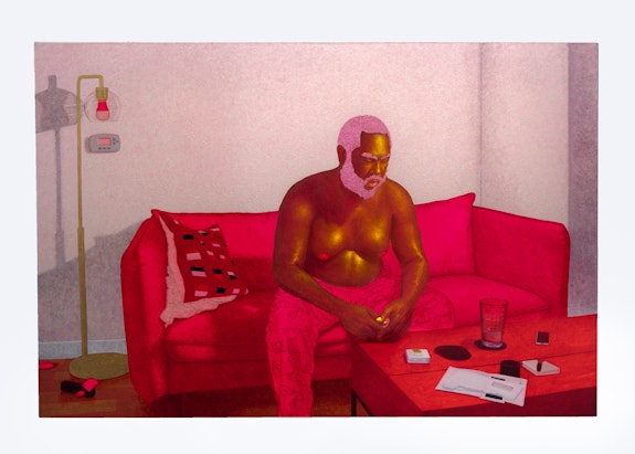 Arcmanoro Niles, <em>Growing Up May Be The Hardest Thing I Do (Healing Doesn't Happen In A Straight Line)</em>, 2022. Oil, acrylic, glitter on canvas, 60 x 90 x 1.75 inches. Courtesy the artist and Lehmann Maupin, New York, Hong Kong, Seoul, and London.