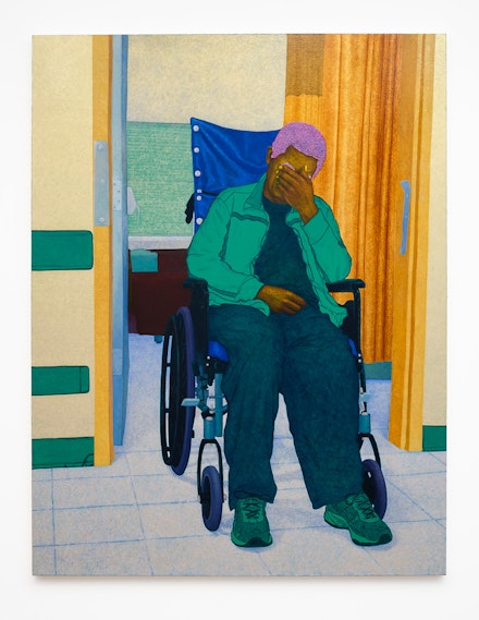 Arcmanoro Niles, <em>Living With A Broken Heart Made It Difficult When I Was Young And Bullet Proof (It's Easier To Miss You Than It Is To Let You Down)</em>, 2022. Oil, acrylic, glitter on canvas, 77 x 59 x 1.5 inches. Courtesy the artist and Lehmann Maupin, New York, Hong Kong, Seoul, and London.