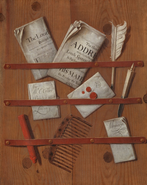 Edward Collier, <em>A Trompe l'Oeil of Newspapers, Letters, and Writing Implements on a Wooden Board</em>, 1699. Oil on canvas, 23 1/8 × 18 3/16 inches. Tate. Purchased 1984.
