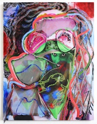 Gaby Collins-Fernández, <em>Mask Rapture</em>, 2022. Oil and acrylic paint, digital photocollage print on beach towel and chiffon, 68 x 52 inches. Courtesy the artist and anonymous gallery.
