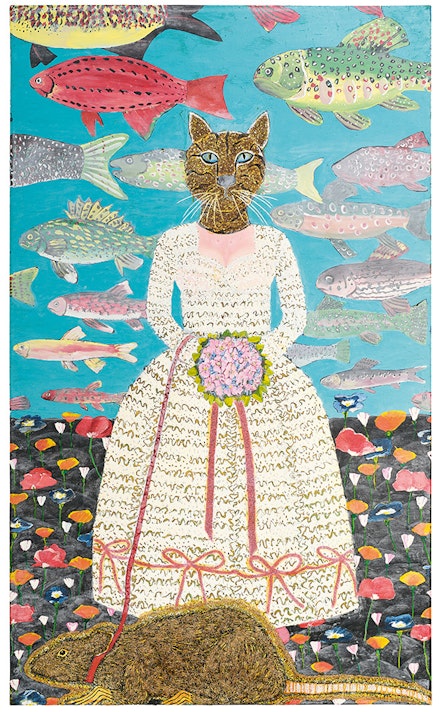 Joan Brown, <em>The Bride, </em>1970. Oil, enamel paint, and glitter on canvas, 91 x 55 inches. University of California, Berkeley Art Museum and Pacific Film Archive, bequest of Earl David Peugh III.