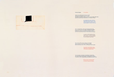 Robert Motherwell, <em>A la Pintura: To the Palette</em>, 1972. Color lift-ground aquatint and soft ground etching from two copper plates, with letterpress, on white wove paper, 25 ½ x 38 in. Dedalus Foundation. © 2023 Dedalus Foundation Inc. / Licensed by Artists Rights Society (ARS), NY.