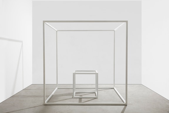 Sol LeWitt, <em>#8, </em>1998. Aluminum and baked enamel, 84 x 84 x 84 inches (213.4 x 213.4 x 213.4 cm). Private Collection. © 2022 Sol LeWitt / Artists Rights Society (ARS), New York.