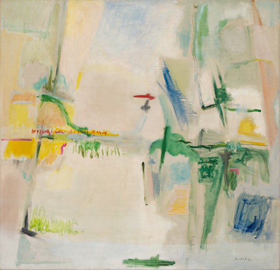 Jane Freilicher, <em>Untitled (Mecox Bay and Field),</em> ca. 1958. Oil on linen, 69 1/2 x 72 inches. Courtesy the Estate of Jane Freilicher and Kasmin, New York.