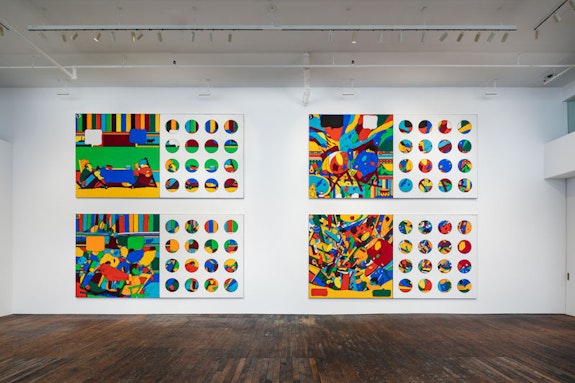 Installation view: <em>Matt Mullican, Sunday, August 9, 1908</em>, Peter Freeman, Inc., New York, 2023. Courtesy Peter Freeman, Inc., New York. Photo: Nicholas Knight.
