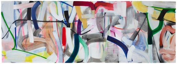 Liliane Tomasko, <em>WOOD</em>, 2022. Acrylic and acrylic spray on unstretched linen, 85 1/4 x 241 inches. Courtesy the artist and Centro de Arte Caja de Burgos CAB.