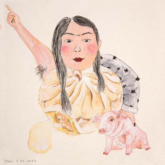 Yehui Zhao, <em>Pork Bun</em>, 2023. Pencil and Chinese Ink on Paper, 6 × 6 inches. Courtesy Yehui Zhao.