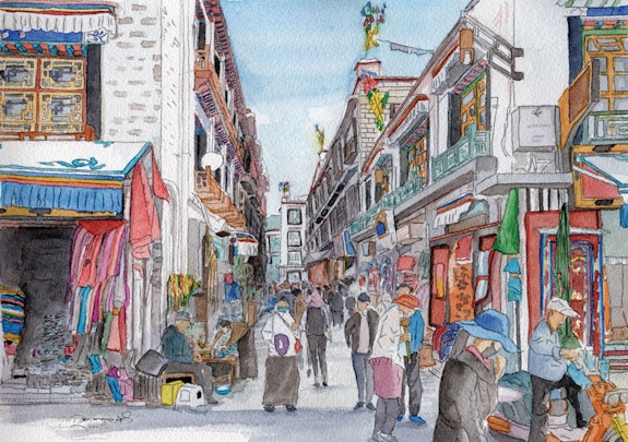 Droma Yangzom, <em>Bakhor Street</em>, 2022. Watercolor. Courtesy the artist.
