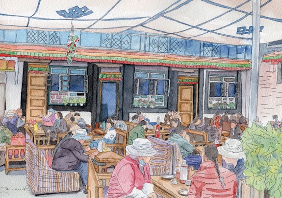 Droma Yangzom, <em>Tea House</em>, 2022. Watercolor. Courtesy the artist.