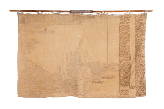 Arthur Bispo do Rosário, <em>Untitled [Eu preciso dessas palavras escritas (I need these words written)]</em>, n.d. Fabric, thread, wood, ink, 49 × 81× 3 inches. Courtesy Americas Society. Photo: Rafael Adorjan.