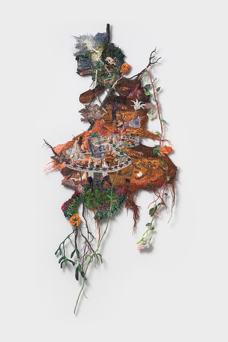 Sophia Narrett, <em>Carried by Wonder</em>, 2022–23. Embroidery thread, fabric, acrylic and aluminum, 56 x 28 inches. Courtesy the artist and Perrotin. Photo: Stan Narten.