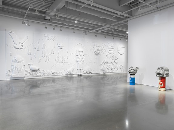 Installation view: <em>Minerva Cuevas: In Gods We Trust</em> at kurimanzutto, New York, 2023. Courtesy the artist and kurimanzutto, Mexico City / New York. Photo: Genevieve Hanson.