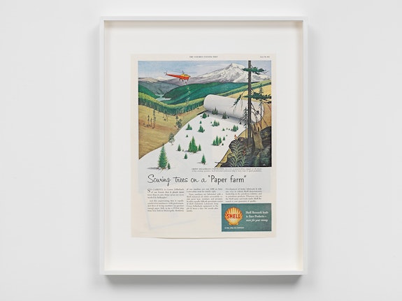 Minerva Cuevas, <em>Sowing trees on a “Paper farm” (Shell)</em>, 2023. Vintage magazine advertisement, 18 x 14 x 1 inches. Courtesy the artist and kurimanzutto, Mexico City / New York. Photo: Genevieve Hanson.