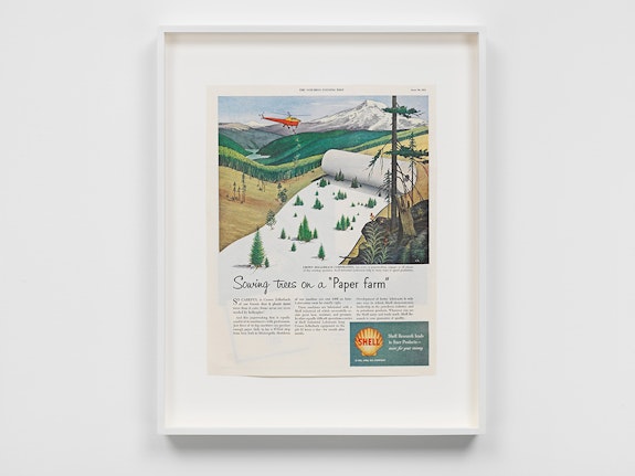 Minerva Cuevas, <em>Sowing trees on a Paper farm (Shell)</em>, 2023. Vintage magazine advertisement, 18 x 14 x 1 inches. Courtesy the artist and kurimanzutto, Mexico City / New York. Photo: Genevieve Hanson.