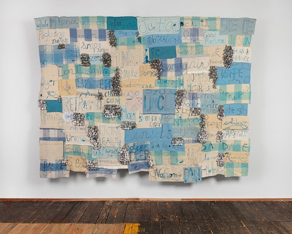 Marie Watt, <em>Singing Everything: Crescendo (Staccato)</em>, 2023. Reclaimed wool blankets, tin jingles, embroidery floss, and thread, 108 x 142.5 in. Courtesy of the Artist and MARC STRAUS. Photography by Kevin McConnell.