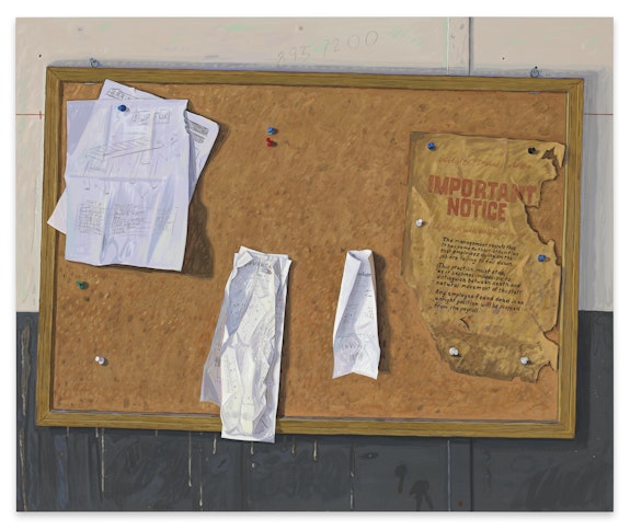 <p>Josephine Halvorson, <em>Important Notice</em>, 2023. Acrylic gouache on panel, 33 x 40 inches. © Josephine Halvorson. Courtesy Sikkema Jenkins & Co., New York. Photo: Julia Featheringill.</p>