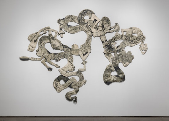 Gabriela Vainsencher, <em>Mom 1</em>, 2021-22. Porcelain and underglaze, 96 x 144 inches. Courtesy the artist and Asya Geisberg Gallery. Photo: Etienne Frossard.