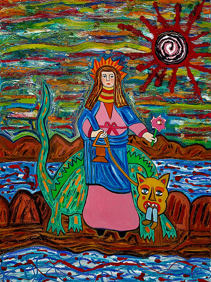 Susan Bee,<em> Saint Martha on the Rocks</em>, 2022. Oil, enamel, and sand on linen, 24 x 18 inches. Courtesy the artist and A.I.R. Gallery.