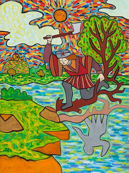 Susan Bee, <em>Shadow Play</em>, 2020. Oil, enamel, and sand on linen, 24 x 18 inches. Courtesy the artist and A.I.R. Gallery.