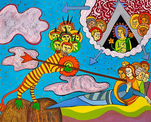 Susan Bee,<em> Apocalypse II</em>, 2022. Oil and enamel on canvas, 24 x 30 inches. Courtesy the artist and A.I.R. Gallery.