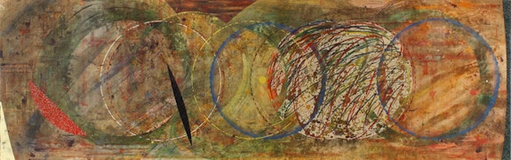 Pat Adams, <em>Crossing</em>, 1990. Oil, isobutyl methacrylate, shell, mica, bead and sand on canvas. 66 x 210 inches. Courtesy Alexandre gallery. 