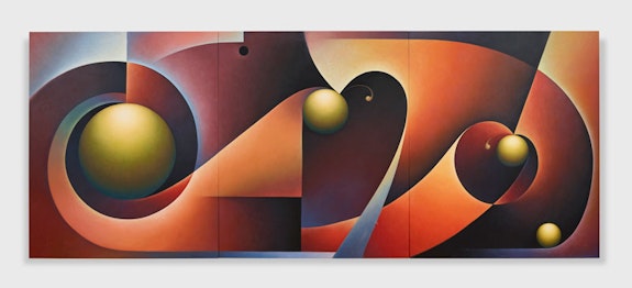 Angela Heisch, <em>Rolled Up Hills</em>, 2023. Oil on linen, 72 x 168 inches. Courtesy the artist and Pippy Houldsworth Gallery, London. Photo: Matthew Herrmann. © Angela Heisch