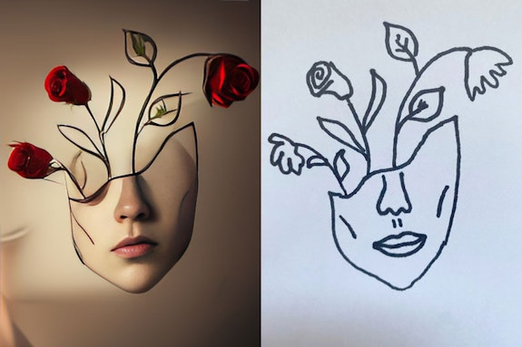 Left: <em>Rose Enigma</em> (2023). Right: Kashtanova’s image input. Courtesy: Kris Kashtanova