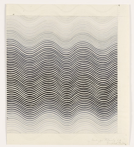 Bridget Riley,<em> Study for “Polarity”</em>, 1964. Pencil and gouache on paper, 18 3/8 × 15 3/4 inches. Collection of the artist. © Bridget Riley 2023. All rights reserved.