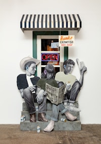Chloe Chiasson, <em>The Corner Store</em>, 2023. Oil, acrylic, wood, plaster, Plexiglass, vinyl, chain, LEDs, metal, resin, paper, ink, matches, aluminum on shaped panels, 120 x 83 x 33 inches.Courtesy the artist and Dallas Contemporary.