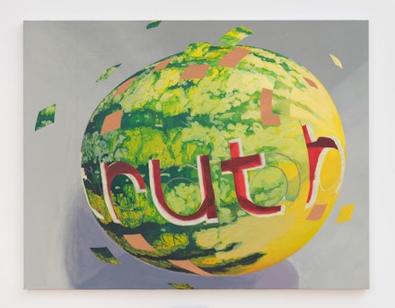 Andrew Ross, <em>Watermelon of Truth</em>, 2023. Acrylic, marble dust, paper collage on canvas, 35 x 45 inches. Courtesy the artist and Kai Matsumiya. 