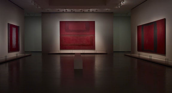 Installation view: <em>Mark Rothko</em>, Gallery 5, Floor 1, “The Seagram Murals”, Fondation Louis Vuitton, Paris, 2023–24. Left to right: Mark Rothko, <em>Red on Maroon</em>, 1959; <em>Red on Maroon</em>, 1959; <em>Red on Maroon</em>, 1959; <em>Black on Maroon</em>, 1959. © 1998 Kate Rothko Prizel & Christopher Rothko - Adagp, Paris, 2023.