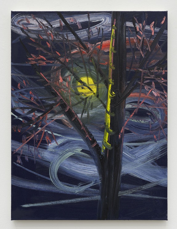 Ann Craven,<em> Moon, (Yellow Moon, Crazy 8’s, Again, 10-7-23), 2023,</em> 2023. Oil on canvas, 24 x 18 inches. Courtesy of Karma Gallery.